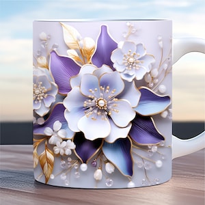 3d Diamond Silk Flowers Mug Wrap, 11oz and 15oz Mug Template, Floral Mug Wrap Sublimation Design, 3D Flower Mug Wrap, Summer Mug Wrap