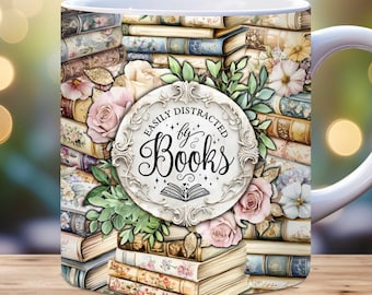 Easily Distracted by Books Mug Wrap, 11oz and 15 oz Mug Template PNG, Book Lover Mug Wrap Gift, Book Club Mug Wrap, Bookworm Mug Wrap