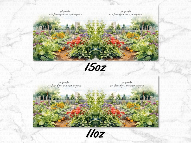 May include: A watercolor painting of a garden with a quote that reads "A garden is a friend you can visit anytime." The painting is in a rectangular frame with a white background. The painting is available in two sizes: 11 oz and 15 oz.
