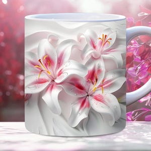 3D Pink White Lilies Flowers Mug Wrap, 11oz And 15oz Mug Template, Mug Sublimation Design, Mug Wrap Template, Instant Digital Download PNG