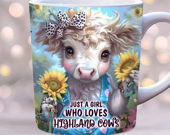 Baby Highland Kuh Becherverpackung, Nur ein Mädchen, das Highland Kühe Becher Sublimationsdesign liebt, 11 Unze und 15 Unze Becherverpackungsvorlage PNG