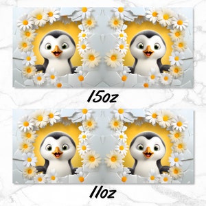 May include: Two cartoon penguins with white bellies and black beaks are peeking out of a circle of white daisies with yellow centres. The background is yellow. The text "15oz" and "11oz" are printed below the images.