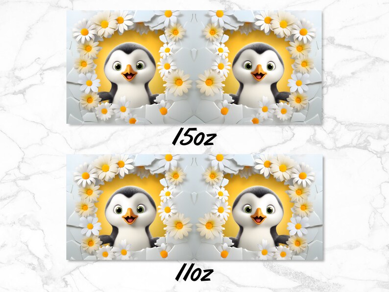 May include: Two cartoon penguins with white bellies and black beaks are peeking out of a circle of white daisies with yellow centres. The background is yellow. The text "15oz" and "11oz" are printed below the images.