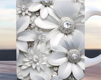 3d white flower wrap png, 3d flower mug wrap png, 11oz and 15oz mug template, daisy mug wrap, sublimation design png, wedding mug wrap