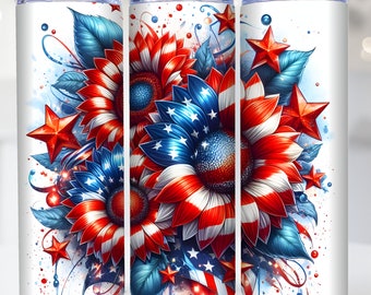Sunflower 4th of July Tumbler Wrap 20 oz Skinny Tumbler PNG American Flag Sublimation Design, Floral Patriotic Independence Day Tumbler Wrap