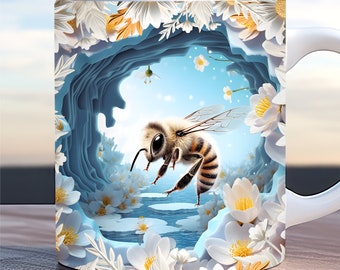 May include: A white ceramic mug featuring a blue and white floral design. A bee is flying through a hole in the design, surrounded by white flowers.