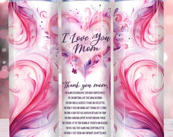 Envoltorio para vaso "Te amo, mamá", plantilla PNG para vaso delgado de 20 oz, envoltorio sin costuras para el Día de la Madre, regalo de cumpleaños para mamá, frases para mamá