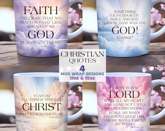 Lot d'emballages de tasses Christian Quotes, modèle de tasse de 11 oz et 15 oz, conception de sublimation d'emballage de tasse de foi, emballage de tasse de vers de la Bible, emballage de tasse chrétien