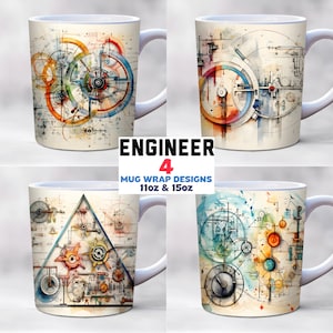 Op de afbeelding: Vier witte keramische mokken met ontwerpen met een ingenieursthema. Elke mok heeft een illustratie in aquarel van tandwielen, schema's en mechanische elementen in blauw, oranje en groen. De tekst "ENGINEER 4" wordt weergegeven.