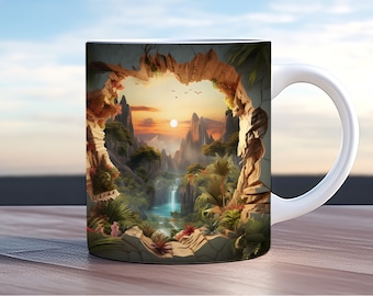 Envoltura para taza tropical 3D, envolturas para tazas de 11 oz y 15 oz, diseño de sublimación de taza, PNG de bosque de ensueño, envoltura para taza tropical PNG, envoltura para taza 3D de Hawái