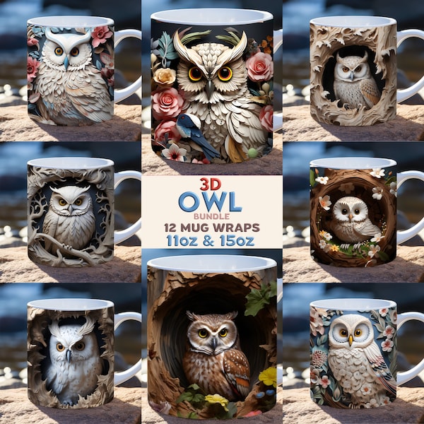 3d baby owl mug wrap bundle, 11oz and 15oz mug template, animal mug wrap, nature mug wrap, mug sublimation design, owl mug wrap template