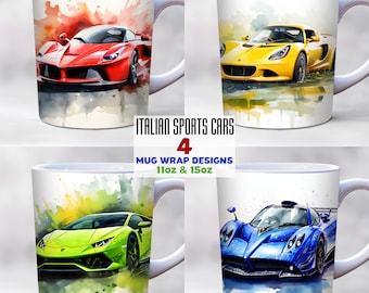 Italienischer Sportwagen-Becher-Wrap-Bundle PNG, 11 Unze, 15 Unze Becher-Vorlage, Rennwagen-Becherverpackung, Racing Mug Wrap, roter Sportwagen-Becher-Sublimations-Design