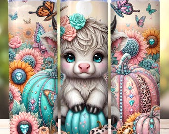 Étiquette pour gobelet d'automne « Vache des Highlands », étiquette fine, motif par sublimation, téléchargement numérique PNG, étiquette pour gobelet d'automne, étiquette pour gobelet citrouille