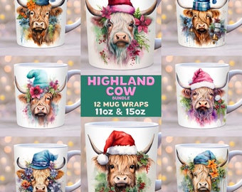 Christmas highland cow mug wrap bundle, 11oz and 15oz mug Template, Christmas mug wrap, Winter mug wrap mug sublimation design, cow mug wrap