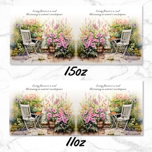 May include: Two square ceramic tiles with a watercolor painting of a garden scene. The scene features a white chair, a table with a plate of food, and a variety of flowers in pink, purple, and green. The text "Every flower is a soul blossoming in nature's masterpiece" is written on each tile. The tiles are 15 ounces and 11 ounces.
