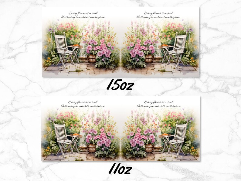May include: Two square ceramic tiles with a watercolor painting of a garden scene. The scene features a white chair, a table with a plate of food, and a variety of flowers in pink, purple, and green. The text "Every flower is a soul blossoming in nature's masterpiece" is written on each tile. The tiles are 15 ounces and 11 ounces.
