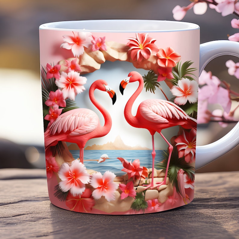May include: White ceramic mug with a pink flamingo design. The flamingos are standing on a rock formation with pink flowers and green leaves. The background is a blue ocean with a white sandy beach.