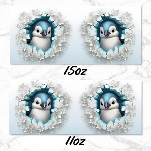 May include: Two sets of blue and white penguin mugs. Each mug features a penguin peeking out of a cracked wall of white flowers. The top set of mugs is labelled "15oz" and the bottom set is labelled "11oz".