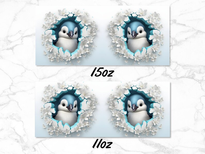 May include: Two sets of blue and white penguin mugs. Each mug features a penguin peeking out of a cracked wall of white flowers. The top set of mugs is labelled "15oz" and the bottom set is labelled "11oz".