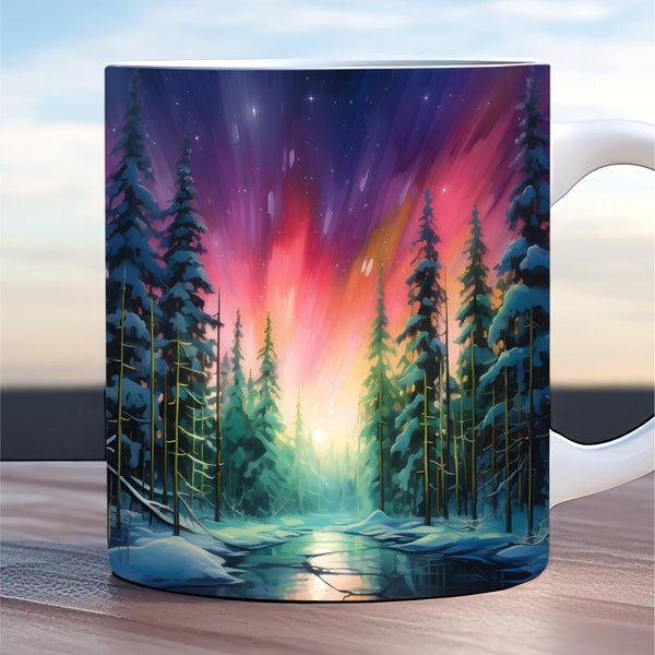 Northern lights mug wrap, 11oz and 15oz mug template, forest landscape mug wrap png, forest mug wrap, rainbow mug wrap, nature mug wrap