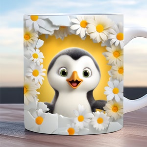 May include: White ceramic mug featuring a cartoon penguin peeking out from a hole surrounded by white daisies. The penguin has black and white feathers, a yellow beak, and green eyes.