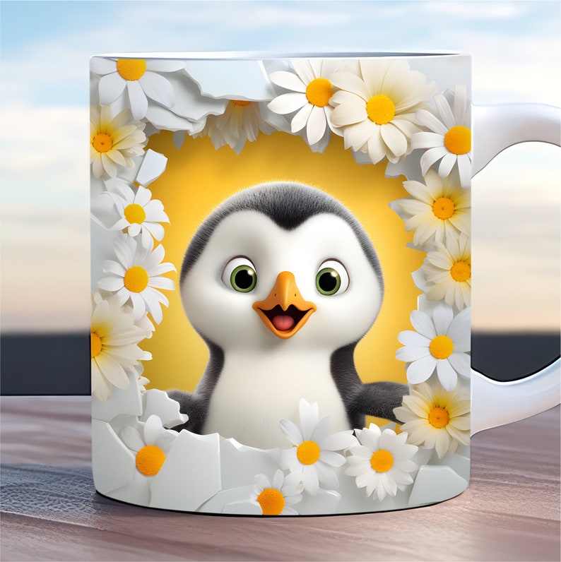 May include: White ceramic mug featuring a cartoon penguin peeking out from a hole surrounded by white daisies. The penguin has black and white feathers, a yellow beak, and green eyes.