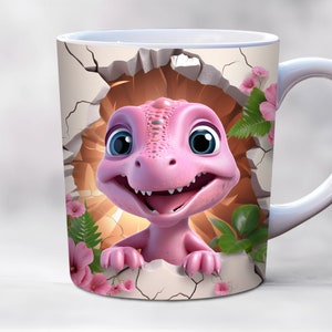 3d baby dinosaur mug wrap png, 11oz and 15oz mug template, hole in a wall mug wrap, sublimation design, PNG instant digital download