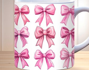 Vintage Pink Coquette Bow Becherverpackung 11 Unzen, 15 Unzen Becherverpackungsvorlage PNG, Vintage Girly Blumenrosen und rosa Bögen Mädchen Shabby Chic Cottage Roses