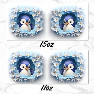 May include: Four sublimation designs featuring a blue penguin with a white belly nestled in a nest of white flowers on a light blue background. The designs are labelled 11oz and 15oz.