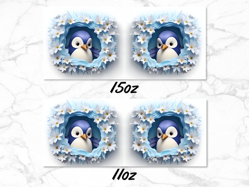 May include: Four sublimation designs featuring a blue penguin with a white belly nestled in a nest of white flowers on a light blue background. The designs are labelled 11oz and 15oz.