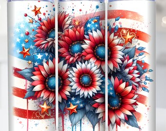Sunflower 4th of July Tumbler Wrap 20 oz Skinny Tumbler PNG American Flag Sublimation Design, Floral Patriotic Independence Day Tumbler Wrap