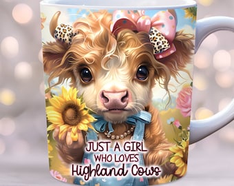 Baby Highland Kuh Becherverpackung, nur ein Mädchen, das Highland Kühe liebt Becher Sublimationsdesign, 11 Unzen und 15 Unzen Bechervorlage, Becherverpackungsvorlage PNG