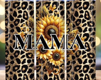 Gold Glitter Leopard Sunflower Mama Tumbler Wrap, 20oz Skinny Tumbler Template PNG,  Mother's Day Tumbler Wrap, Instant Digital Download