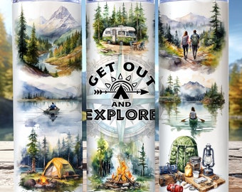 May include: A white tumbler with a watercolor design featuring a compass with the text "Get Out and Explore". The design also includes images of a camper, a couple hiking, a person fishing, a person kayaking, a campsite with a tent and a campfire, and camping gear.