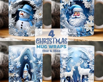 Lot d'emballages de tasse de Noël 3D, emballage de tasse bonhomme de neige 3D, emballage de tasse murale troué, modèle de tasse 11 oz et 15 oz, emballage de tasse d'hiver, emballage de tasse de vacances