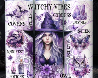Witchy Vibes Tumbler Wrap Sublimation Design PNG 20 oz Skinny Straight Tumbler Wrap Zodiac Celestial Witch Tumbler Template Digital Download