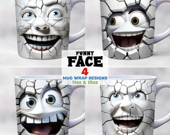 3D Funny Face Mug Wrap bundle, 11oz, 15oz Mug Template, White Mug Wrap, Mug Sublimation Design, Mug Wrap Template, Digital Download PNG
