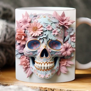 3d pink sugar skull mug wrap, 11oz and 15oz mug template, Halloween 3D mug sublimation design, mug wrap template PNG, digital download
