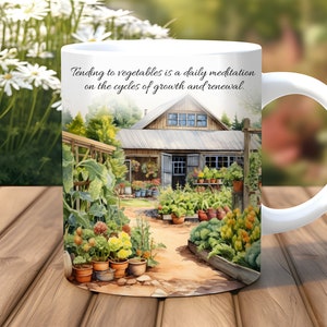 May include: White ceramic mug with a watercolor illustration of a garden scene. The mug features a quote: "Tending to vegetables is a daily meditation on the cycles of growth and renewal."