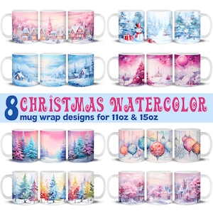 Christmas Mug Wrap Bundle Sublimation Design, 11oz and 15oz mug template, watercolour Christmas mug wrap, Winter mug wrap, holiday mug wrap
