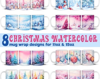 Christmas Mug Wrap Bundle Sublimation Design, 11oz and 15oz mug template, watercolour Christmas mug wrap, Winter mug wrap, holiday mug wrap