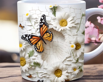 3d monarch butterfly mug wrap png, 11oz and 15oz mug template, hole in a wall mug wrap sublimation design, daisies mug wrap, floral mug wrap