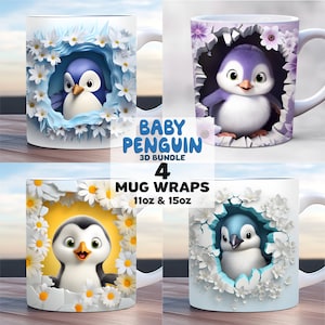 May include: Set of four 11oz and 15oz mug wraps featuring a cute baby penguin peeking out of a hole surrounded by white flowers. The mugs have a 3D effect and are perfect for adding a touch of whimsy to your kitchen.