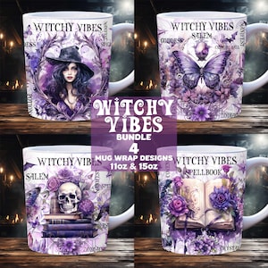 May include: Set of four 11oz and 15oz white ceramic mugs with purple and black designs. The mugs feature a witch, a butterfly, a skull, and a book. The designs include the words "Witchy Vibes", "Salem", "Manifest", "Spellbook", "Goddess", "Crystal Ball", "Coven", "Potions", "Zodiac", and "Crystal".