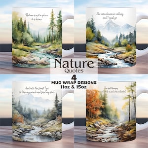 Może przedstawiać: Cztery wzory opakowań na kubki akwarelowe z motywami natury i cytatami. Wzory obejmują rzekę płynącą przez las, pasmo górskie z drzewami, las z strumieniem i las z strumieniem w jesiennych kolorach. Cytaty to: "Przyroda to nie miejsce, to dom", "Góry wzywają i muszę iść", "I w las idę, by stracić rozum i odnaleźć duszę", oraz "Najlepsza terapia to spokojny spacer po katedrze natury".
