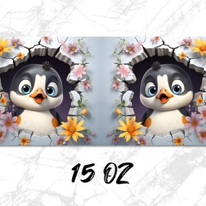 May include: A 15 oz.  tumbler with a design of a cartoon penguin peeking out of a cracked wall with pink and yellow flowers.