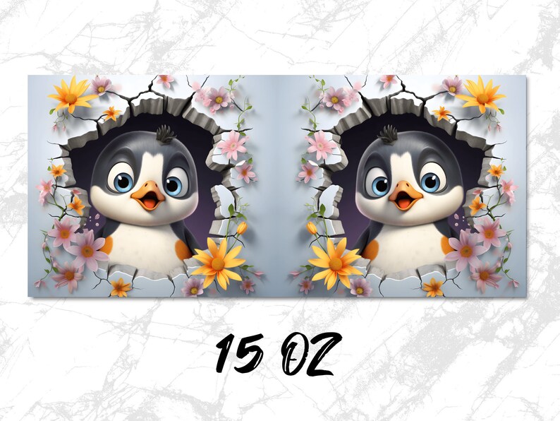 May include: A 15 oz.  tumbler with a design of a cartoon penguin peeking out of a cracked wall with pink and yellow flowers.