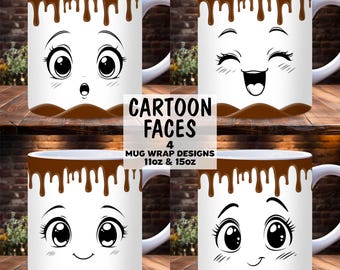 Cartoon Face Hot Chocolate Mug Wrap Bundle, 11oz & 15oz Mug Template PNG, Cozy Kawaii Mug Mug Wrap, Coffee Addict Coffee Mug Wrap