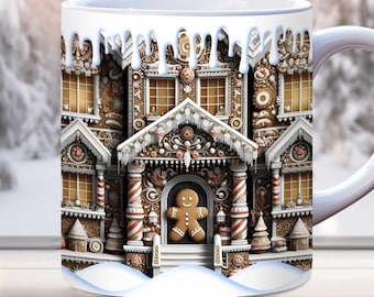 3D Christmas Gingerbread House Mug Wrap, 11oz, 15oz, Holiday Sublimation Design, Holiday Christmas Mug Wrap, Instant Digital Download PNG