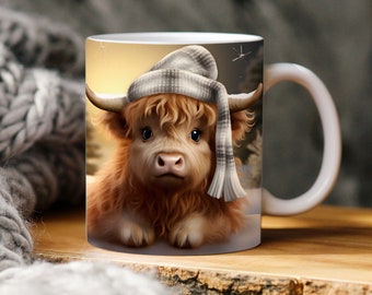 3d baby Highland cow mug wrap, Christmas mug wrap, 11oz and 15oz mug Template, mug sublimation design, mug wrap template, holiday mug wrap